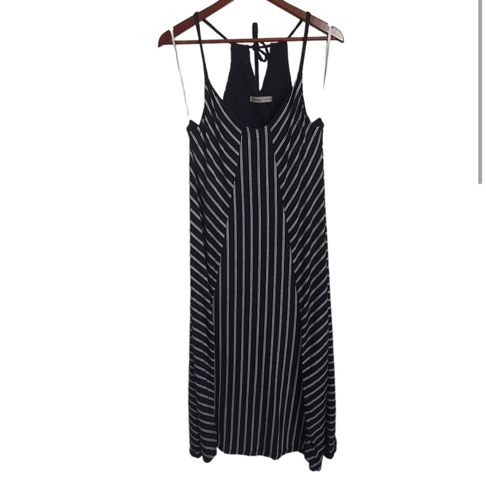 Athleta Striped Halter Dress A-line Midi with Shelf Bra Medium Comfy Black
